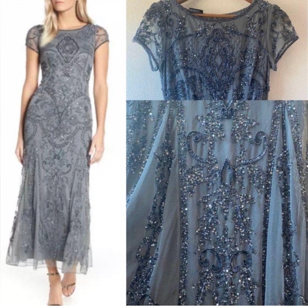 Elegant embellished beaded mesh steel blueish / grey Gown Pisarro Nights size 2